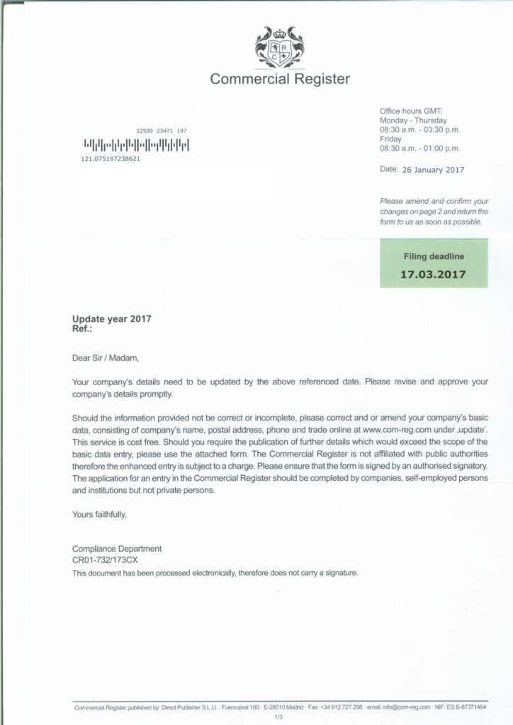 Commercial Register Scam Letter