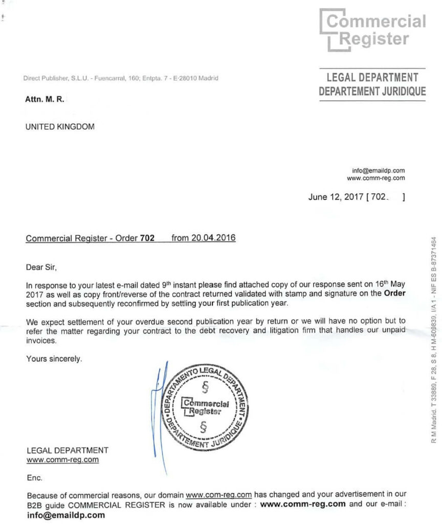 Commercial Register Scam Letter 1