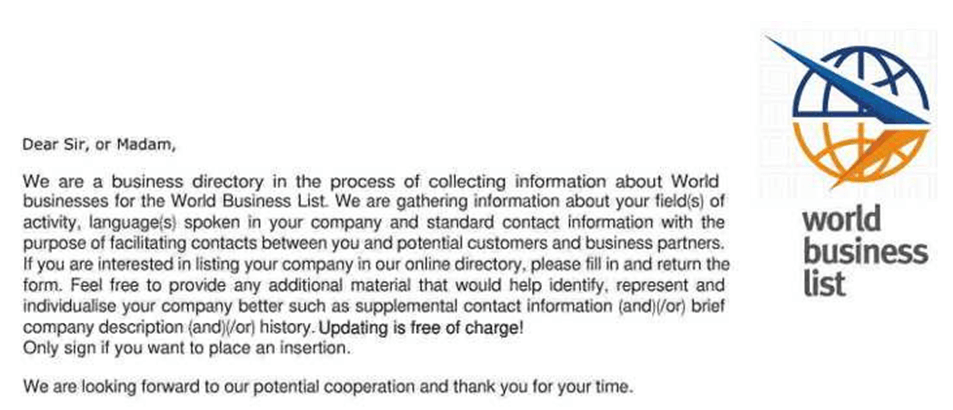 World Business List Global Business Registry scam 3
