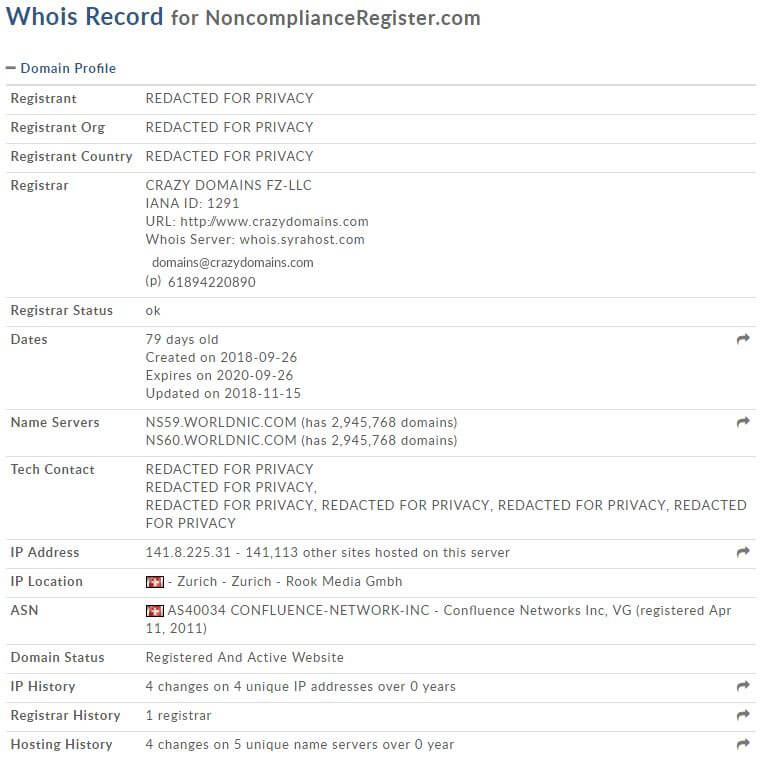 Whois record for Non Compliance register