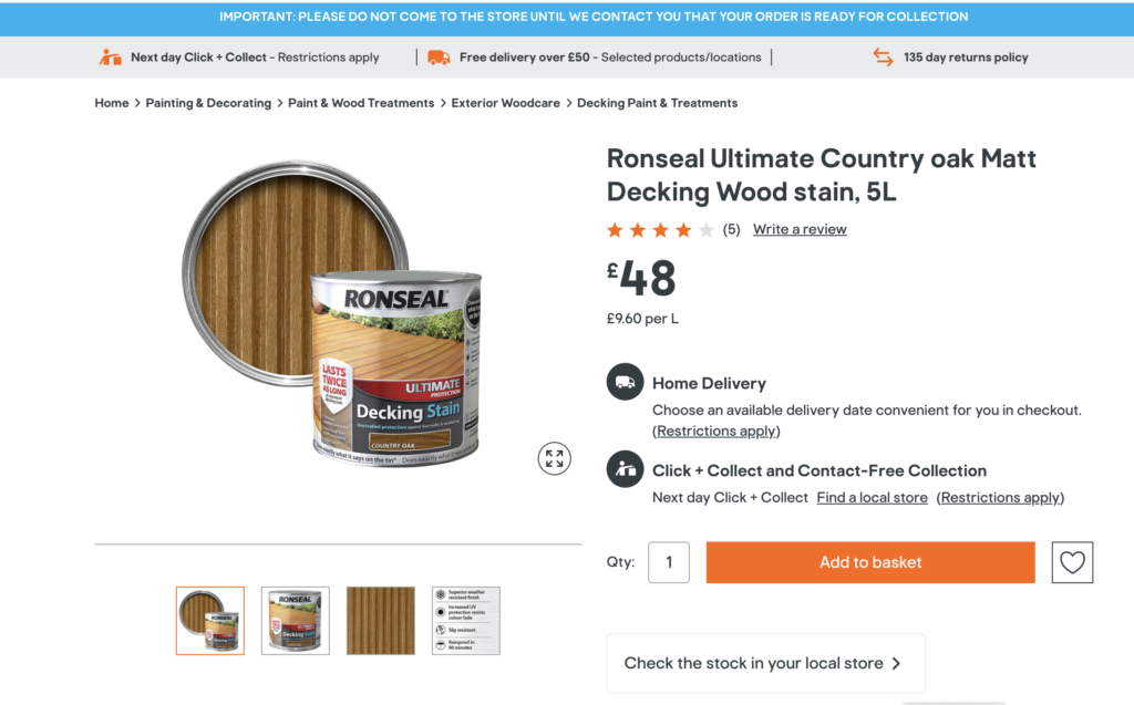 Ronseal Country Oak Decking Oil 5L B&Q April 2020