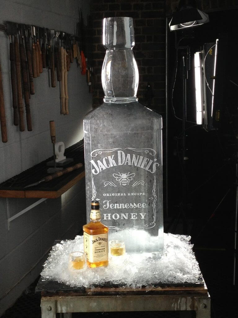 Giant Jack Daniels bottle made from ice