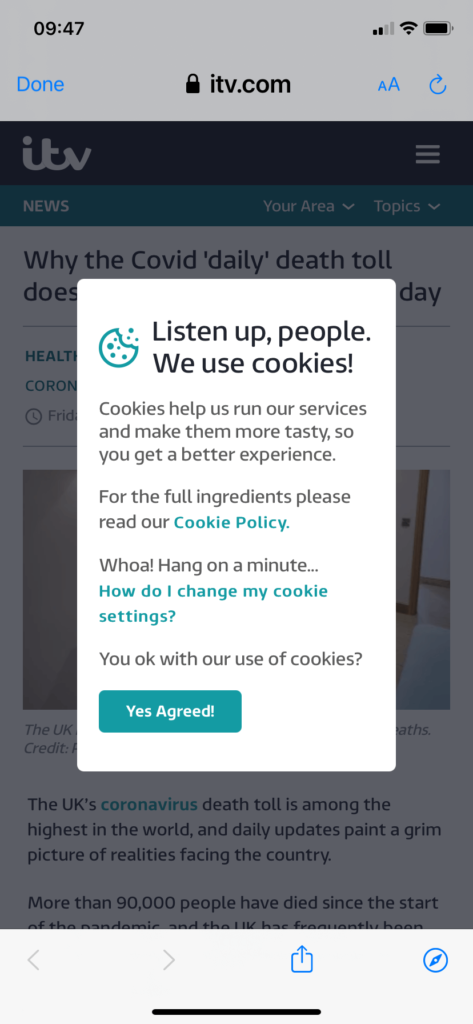 ITV.com cookies pop up 1