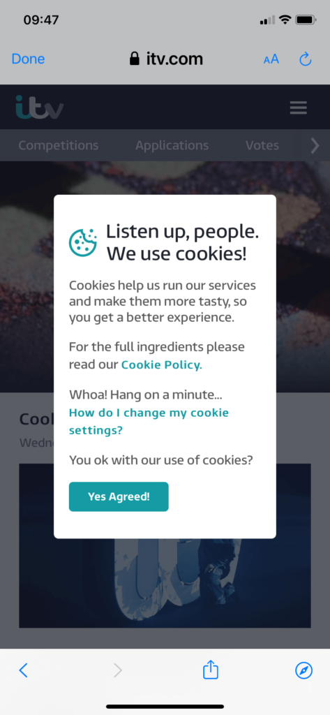 ITV.com cookies pop up Mobile