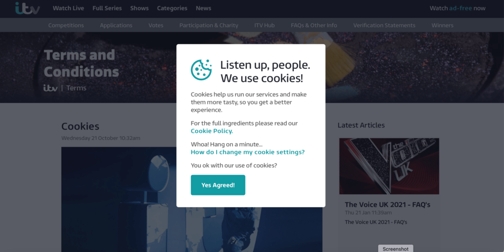 ITV.com cookies pop up Desktop