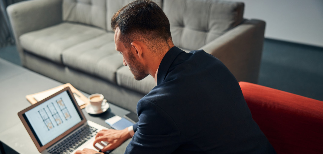 Domain Authority Aqueous Digital Blog Expert image. Man searching on internet on laptop