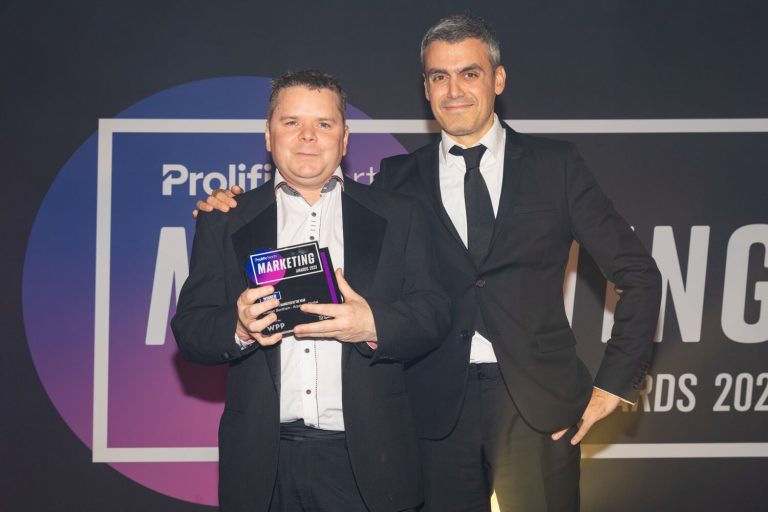 Kristian Bentham receiving Marketer of the Year Award at he Prolific North Marketing Awards 2023